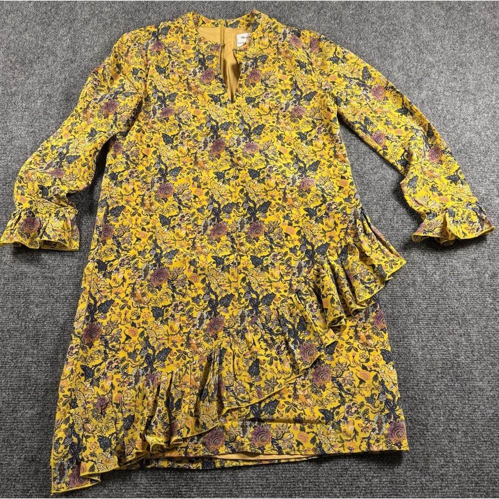 Madewell x Karen Walker Dress Womens 0 Yellow Floral Ruffle Mini Lg Sleeve Boho